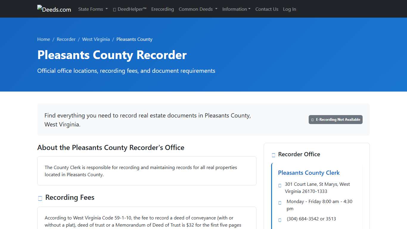 Pleasants County Recorder Information, West Virginia - Deeds.com